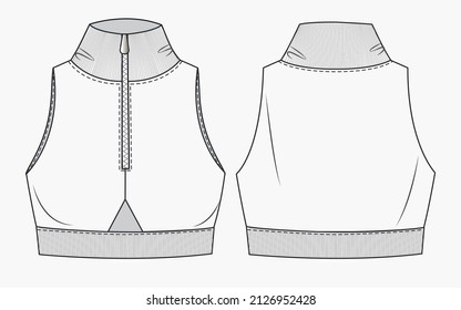 Girls Sports Bra fashion flat  sketch template. Women Active wear Crop top technical fashion illustration. Front and back view. Outline fashion technical sketch of clothes model.