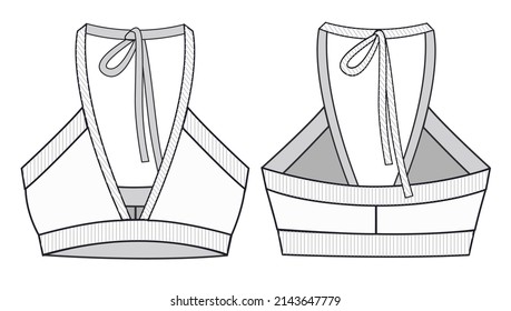 Girls Sports Bra fashion flat  sketch template. Women Active wear Crop top technical fashion illustration. Front and back view. Outline fashion technical sketch of clothes model.