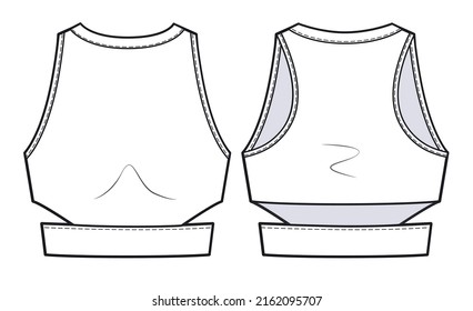 Plantilla de sketch plano de moda Girl's Sports Bra. Ilustración técnica superior de moda de moda de moda de uso activo de la mujer, vista frontal y trasera. Esbozo técnico de la moda del modelo de ropa.