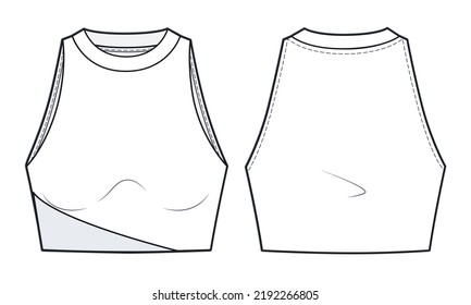 Girl's Sports Bra fashion flat  sketch template. Women's Crop Top technical fashion illustration, front and back view, white colour, CAD mockup.