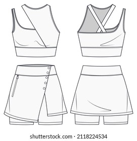 Girls Sports Bra and Shorts fashion flat template. Sports wear fashion design set.  Womens Sportswear Skirt and Top fashion set template.