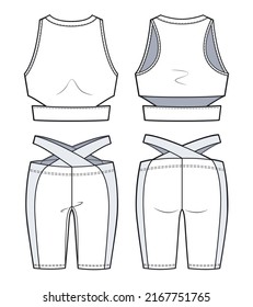 Girl's Sports Bra and Shorts Leggings fashion flat sketch template. Women's Active wear technical fashion illustration, front and back view, white, set.