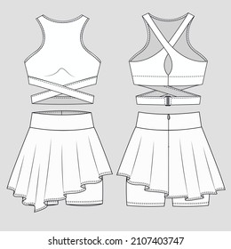 Girls Sports Bra And Shorts-Skirt  Fashion Flat Sketch Template. Women Active Wear Technical Fashion Illustration. Fashion Concept. Sportswear Set On A Gray Background.