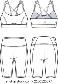 Girl`s sports strappy Bra and Cycling shorts fashion flat  technical sketch template. Women`s Active wear Crop top and Leggings fashion Cad mockup, front, back view, white, set.