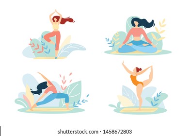 Girls in Sports Wear Engage Fitness or Yoga Set Isolated on White Background, Aerobics Outdoor, Women Healthy Sport Lifestyle, Pilates Workout, Training Open Air Cartoon Flat Vector Illustration, Icon