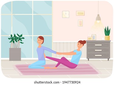 Girls in sportswear doing exercises on mat. Beautiful women relax, meditate and do yoga at home