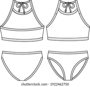 Girls Sporty look Bikini fashion flat sketch template. Swimwear Technical Fashion Illustration. Back neck ties