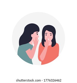 Girls spread rumors. Gossip women. Girlfriend whispering a secret in her friends ear. Flat vector cartoon modern illustration.