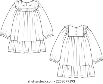 Girls Square Neck Dress with Ruffles Details technical drawing, fashion CAD, template, sketch, flat. Dress with front and back view. 