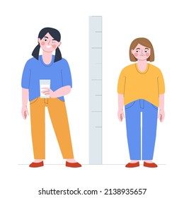 Girls stand near a meter to measure height. Glass of milk in hand. Children's emotions. Flat vector illustration. Eps10