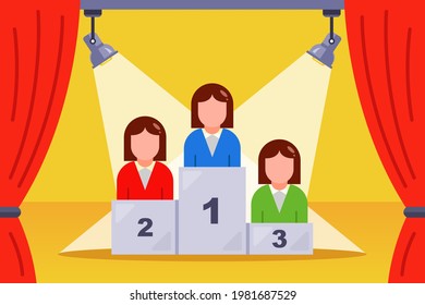 girls stand on a podium at a beauty pageant. flat vector illustration.