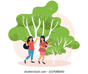  Girls stand together and talking. Hand drawn illustration