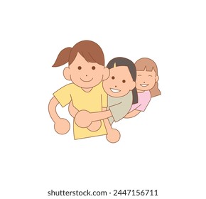 girls are staring at front with smile on their faces. cartoon style hand drawn illustration. 