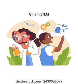 Girls in STEM concept. Two enthusiastic girls exploring science, one with magnifying glass observing, the other interacting with technology elements. Passion for learning. Flat vector illustration
