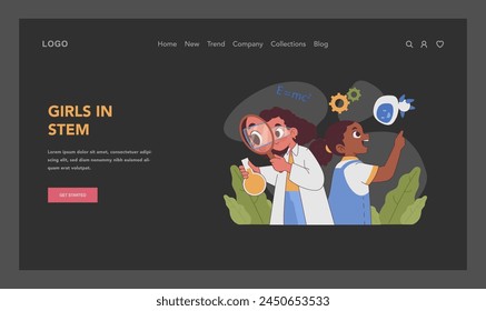 Girls in STEM concept. Two enthusiastic girls exploring science, one with magnifying glass observing, the other interacting with technology elements. Passion for learning. Flat vector illustration