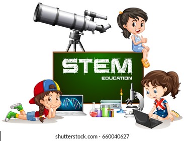 Girls and stem education on board illustration