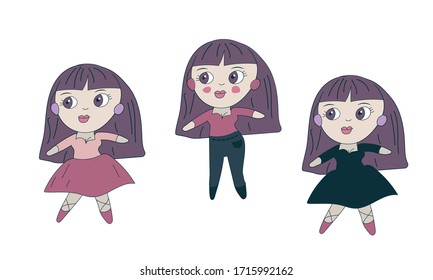 Girls stickers. Set of cute characters of girls with dark hair in a dress, skirt and jeans. Hand drawn doodle cartoon style.Isolated objects on a white background.