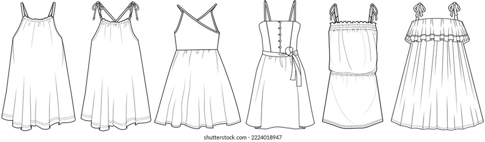 Girls Strappy Dress Flat Sketch Vector Illustration A Line Summer Beach Dress, Sundress Technical Cad Drawing Template