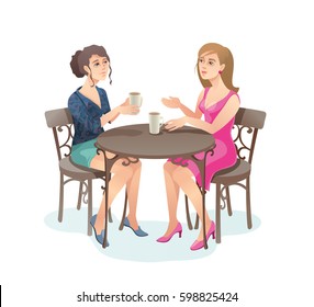 Chicas en un café callejero. Mujeres jóvenes tomando café. Caracteres de dibujos decorativos Isolados ilustración vectorial.