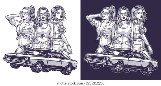 Girls street racers label monochrome competition car and hot woman from cheerleading team for Chicano style tattoo vector illustration