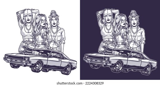 Girls street racers monochrome emblem cool retro car and three girlfriends from subculture of urban automobile competitions vector illustration