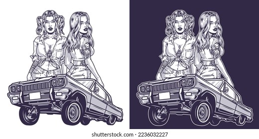 Girls street racers monochrome emblem car for racing or lowriding near with hot girl friends Chicano style vector illustration