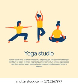 Girls stretching and doing yoga vector flat illustration with text space. Yoga studio, active recreation, healthy lifestyle, pilates card design.