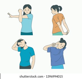 Girls stretching their neck, arms and shoulders. hand drawn style vector design illustrations.