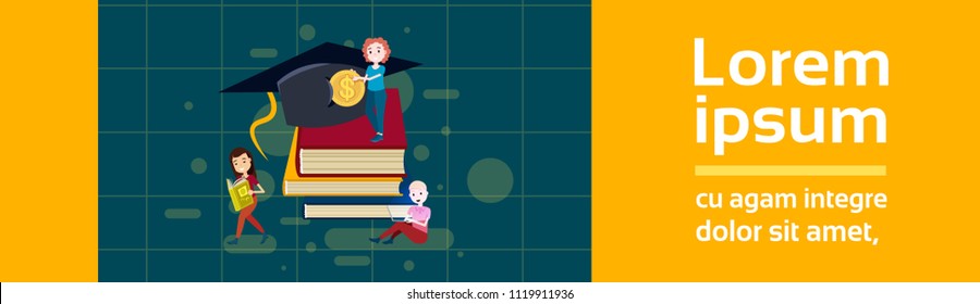 girls student cup standing stack of book hold dollar coin study character on white background full length flat copy space banner vector illustration