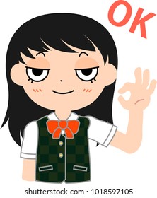 Girl's student Japanese Cat's eyes OK.
This is a vector illustration.