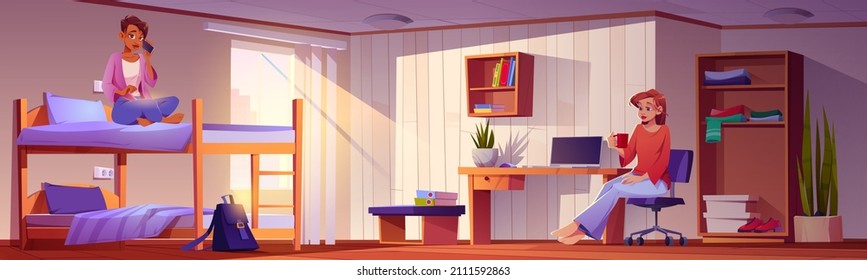 Girls students in dormitory room with bunk, laptop on desk, wardrobe and bookshelf. Vector cartoon interior of dorm bedroom or hostel apartment with young women living together