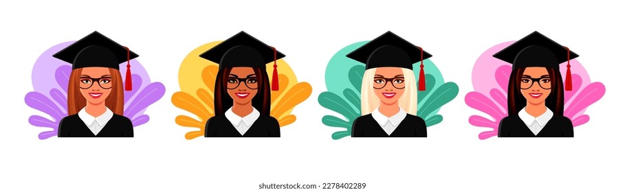 Girls students graduate from college, university or high school. Concept of academic education, diploma, scholar degree with happy women in graduation caps, vector cartoon illustration