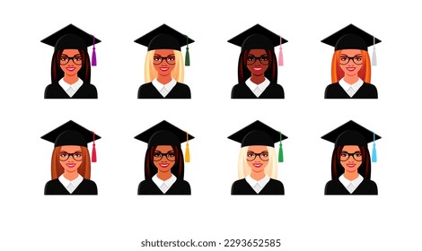 Girls students graduate from college, university or high school. Concept of academic education, diploma, scholar degree with happy women in graduation caps, set of vector cartoon illustrations