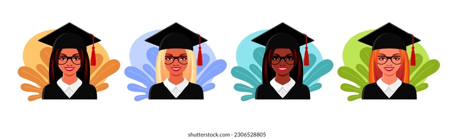 Girls students graduate from college, university or high school. Concept of academic education, diploma, scholar degree with happy women in graduation caps, set of vector cartoon illustrations