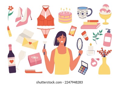 Girls stuff collection set concept with people scene in the flat cartoon design. Image of a set of things that a girl needs for a comfortable and happy life. Vector illustration.