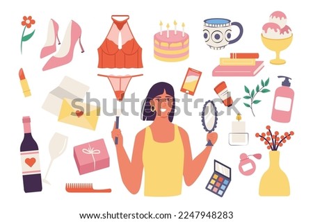 Girls stuff collection set concept with people scene in the flat cartoon design. Image of a set of things that a girl needs for a comfortable and happy life. Vector illustration.
