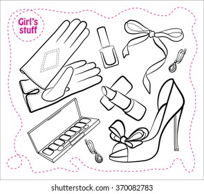 Girl's stuff, line drawing.