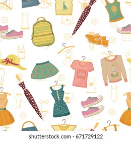 Girls stylish clothes,  umbrella, sneakers, backpack, hat.  Teen girls wardrobe,  seamless pattern. 