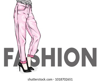 Girls in stylish jeans and shoes. Slender female feet. Vector illustration for a postcard or a poster, print for clothes. Fashion, style, clothing and accessories.