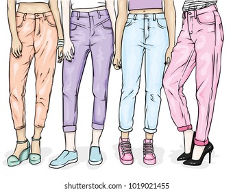 Girls in stylish jeans and shoes. Slender female feet. Vector illustration for a postcard or a poster, print for clothes. Fashion, style, clothing and accessories.