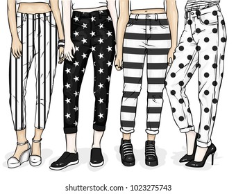 Girls in stylish jeans and shoes. Slender female feet. Vector illustration for a postcard or a poster, print for clothes. Fashion, style, clothing and accessories. Pants with a variety of prints.
