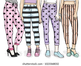 Girls in stylish jeans and shoes. Slender female feet. Vector illustration for a postcard or a poster, print for clothes. Fashion, style, clothing and accessories. Pants with a variety of prints.

