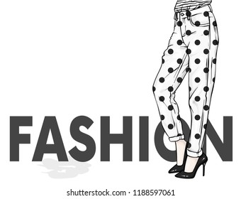 Girls in stylish jeans and shoes. Slender female feet. Vector illustration for a postcard or a poster, print for clothes. Fashion, style, clothing and accessories.
