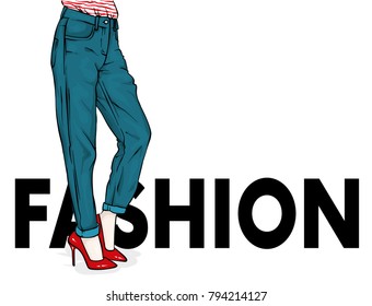 Girls in stylish jeans and shoes. Slender female feet. Vector illustration for a postcard or a poster, print for clothes. Fashion, style, clothing and accessories.