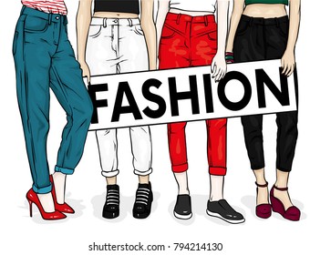 Girls in stylish jeans and shoes. Slender female feet. Vector illustration for a postcard or a poster, print for clothes. Fashion, style, clothing and accessories.