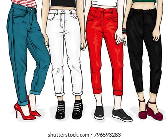 Girls in stylish jeans and shoes. Slender female feet. Vector illustration for a postcard or a poster, print for clothes. Fashion, style, clothing and accessories.
