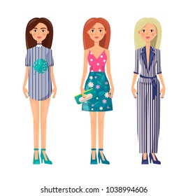 Girls in stylish summer clothes. Brunette in dress with collar, redhead in flower print sundress and blonde in striped suit vector illustrations.