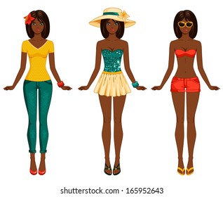 Girls in summer clothes. Vector illustration. Female body proportions. African American ethic. Stylish dressed woman with long dark hair. Brunette.