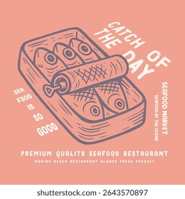 Girls' Summer Graphic Design, Sardine fish artwork, women's color hand-drawn t-shirt print. Seafood t-shirt design. Sardines love club. Canned fish artwork. Fish vintage artwork