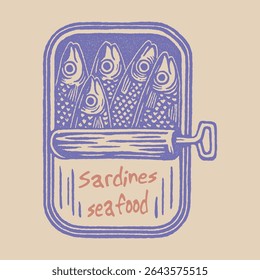 Girls' Summer Graphic Design, Sardine fish artwork, women's color hand-drawn t-shirt print. Seafood t-shirt design. Sardines love club. Canned fish artwork. Fish vintage artwork